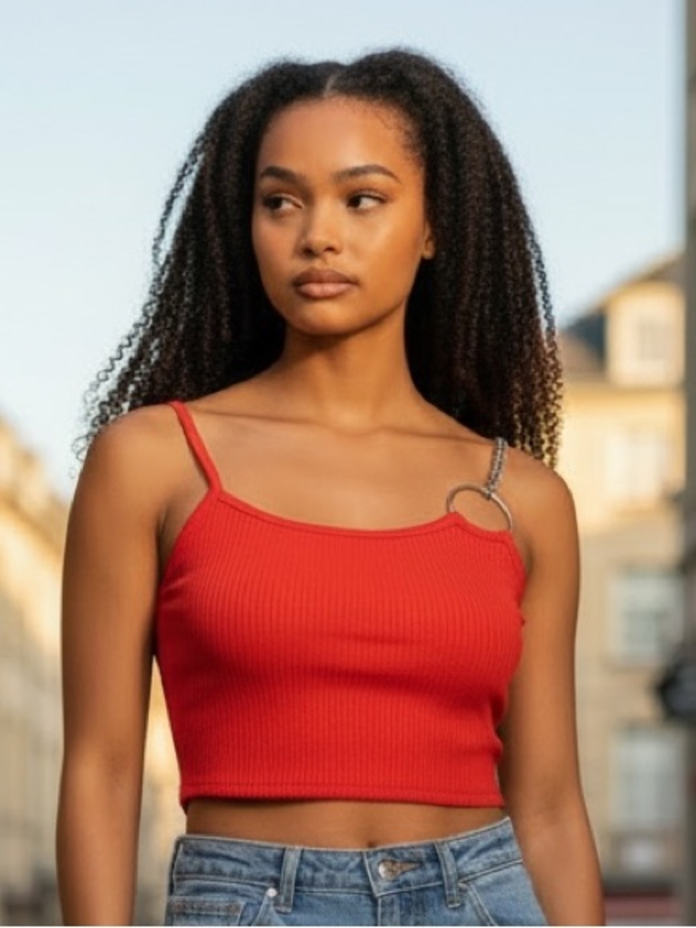 Red Ribbed Ring-Detail Crop Tank Top - Women's XS